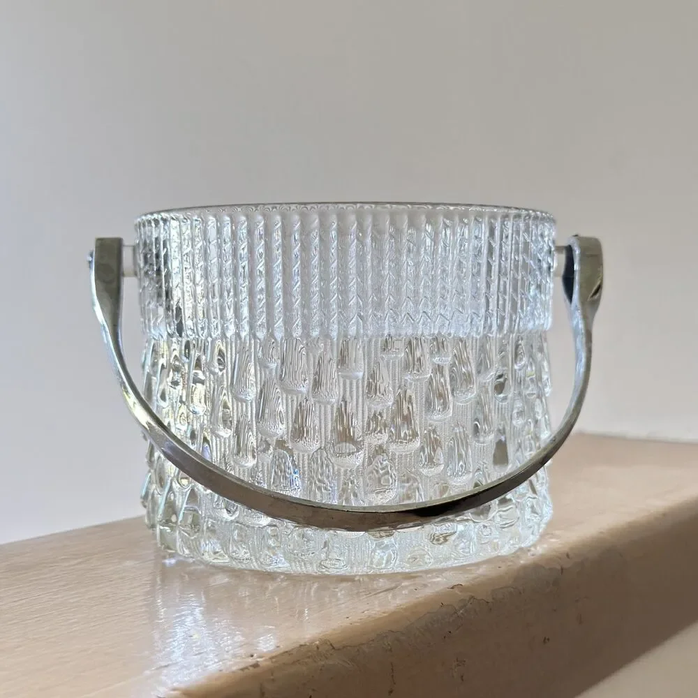 Vintage Teleflora Clear Glass Ice Bucket with Chrome Handle Made in France